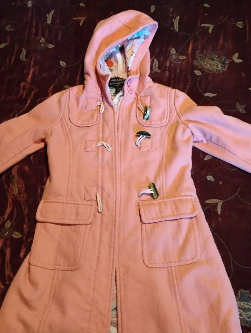 Steve & Barry’s Girls Pink Hooded Duffle Coat Wool Blend Polka Dot Lining Size M